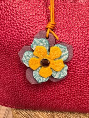Leather Flower Bag Charm Yellow Blue Purple Flower Purse Charm Genuine Leather
